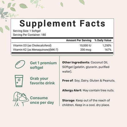 VITAMIN D3 & K2 | 10.000 IU Vitamin D | 200 MCG Vitamin K2